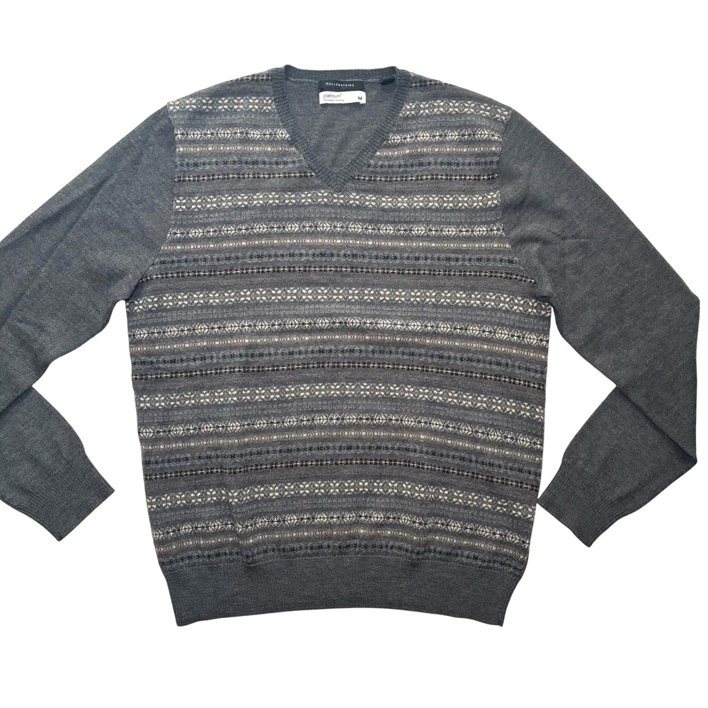 Hallensteins Italian Merino Wool Vneck Sweater Fair Isle Mens Med Grandpa Preppy